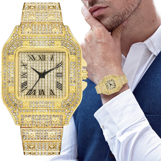 Classic Luxury Business Men's Steel Strap Square Roman Scale Rhinestone Quartz Watch Lesiure Male Wristwatch Relogio Masculino