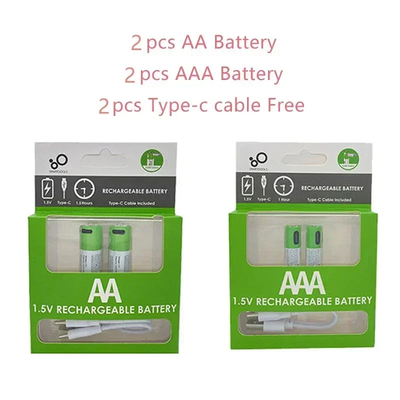 AA/AAA USB Rechargeable Battery 1.5V AA 2600mWh/AAA 750mWh li-ion Batteries for Mouse,Clock,Shaver,Hermometer+TYPE-C Cable