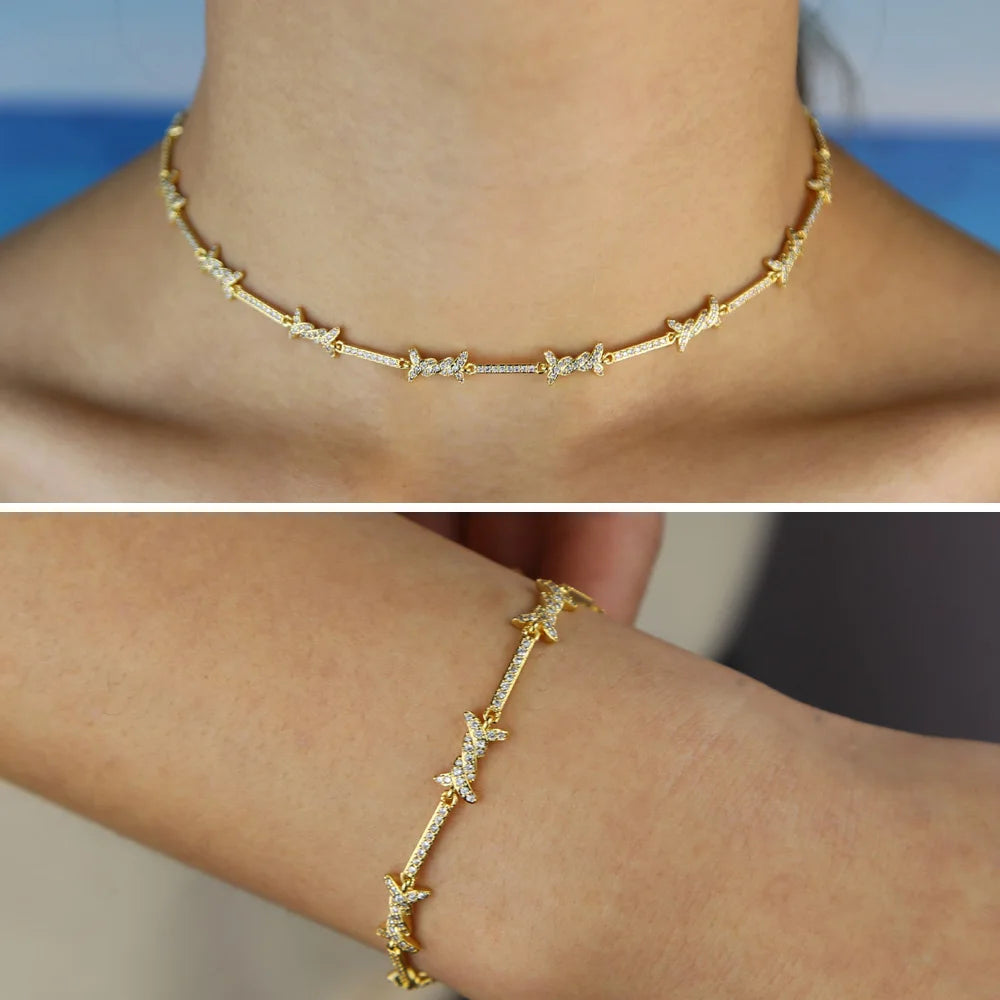 2025 Geometric CZ Bar Barbed Wire Charm Choker Necklace Bracelet 5A Cubic Zirconia Adjust Chain Fashion Girl Women Jewelry Sets