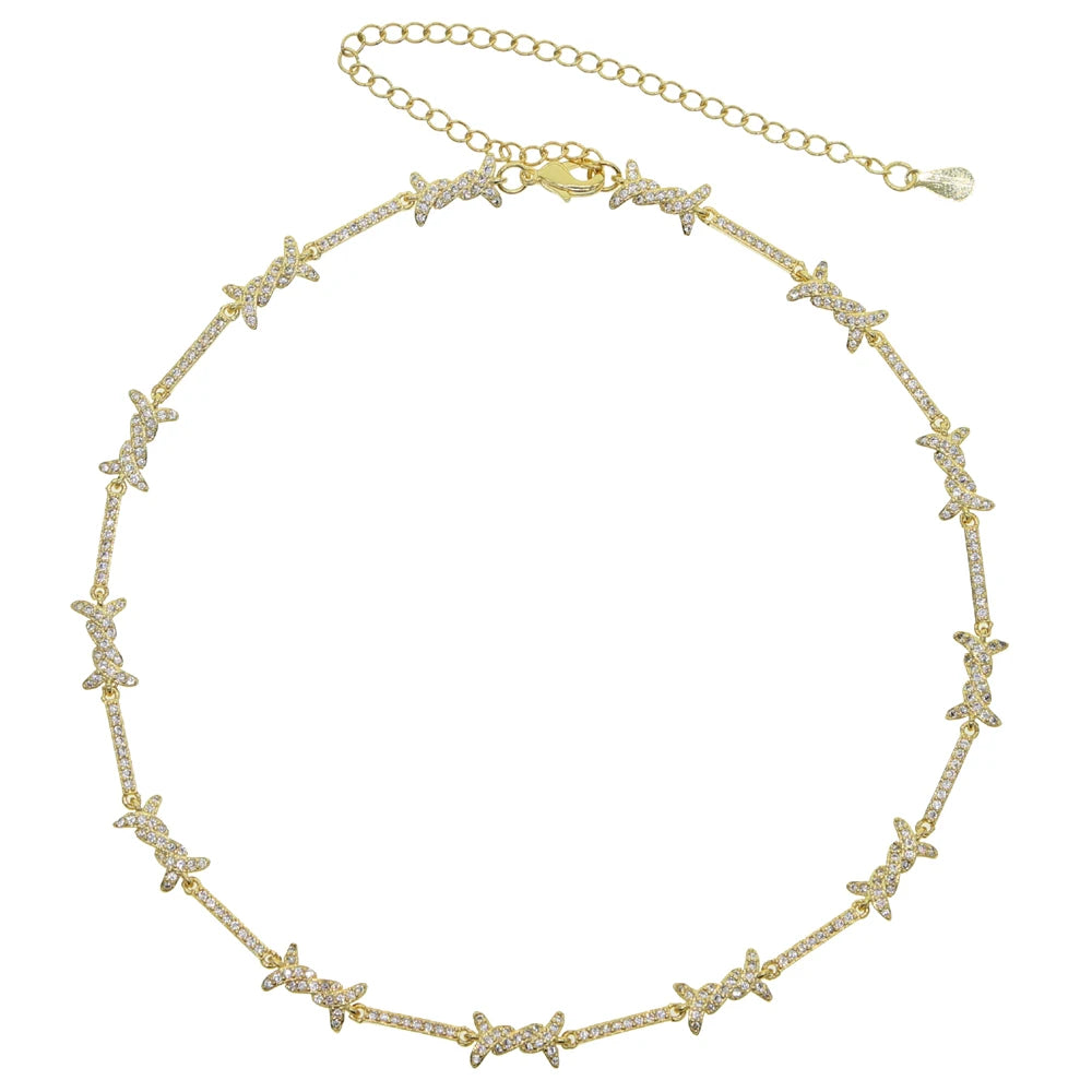 2025 Geometric CZ Bar Barbed Wire Charm Choker Necklace Bracelet 5A Cubic Zirconia Adjust Chain Fashion Girl Women Jewelry Sets