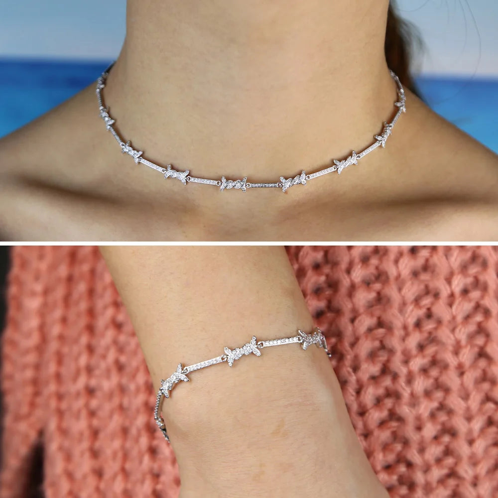 2025 Geometric CZ Bar Barbed Wire Charm Choker Necklace Bracelet 5A Cubic Zirconia Adjust Chain Fashion Girl Women Jewelry Sets