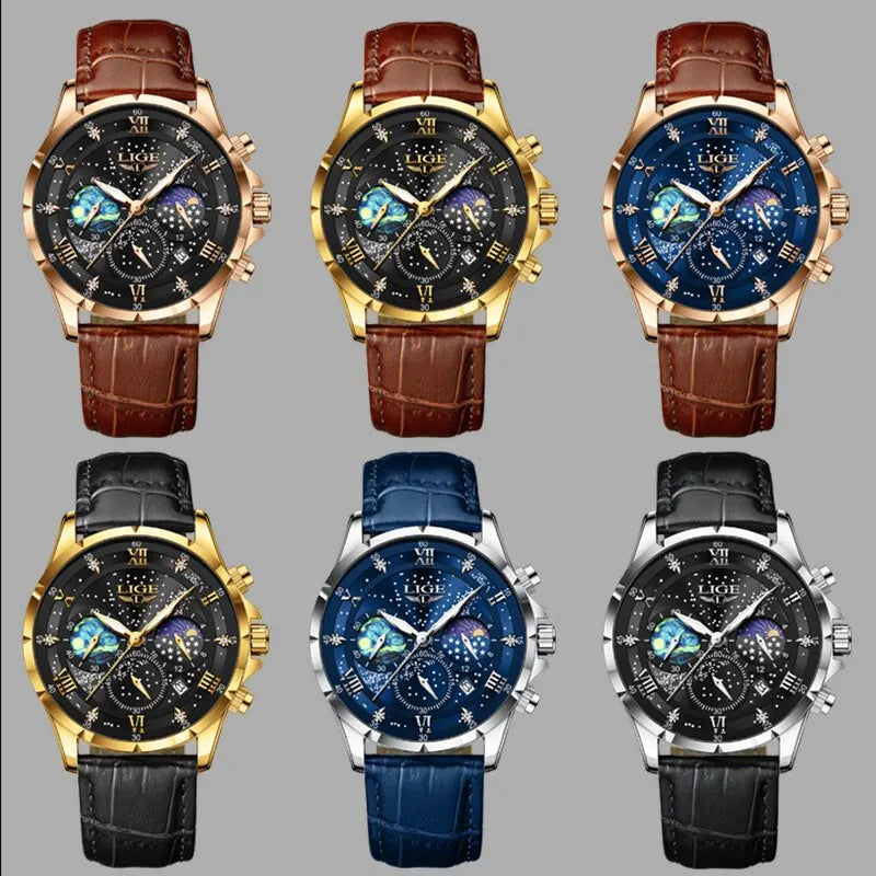 LIGE 2024 Top Luxury Brand Men Genuine Leather Sports Watches Men's Army Military Watch Male Date Quartz Clock Relogio Masculino