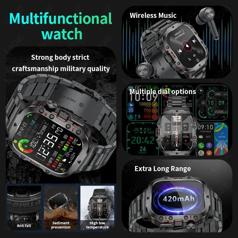2025 Rugged Military Smart Watch Men Outdoor Watches lP68 Waterproof 2.01" Al Voice Bluetooth Call Smartwatch For Android lOS