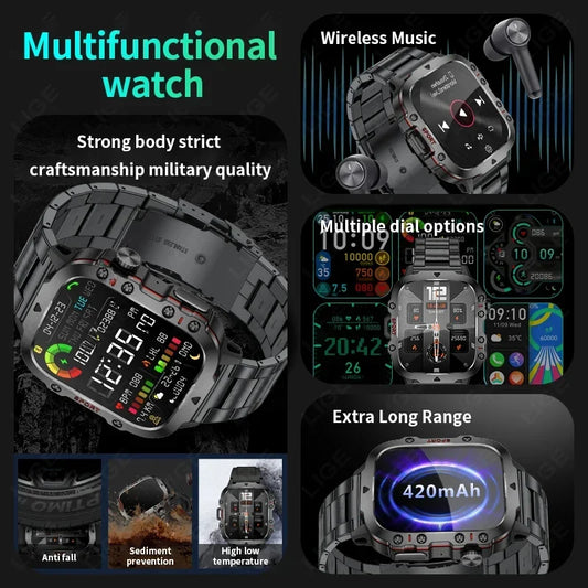 2025 Rugged Military Smart Watch Men Outdoor Watches lP68 Waterproof 2.01" Al Voice Bluetooth Call Smartwatch For Android lOS