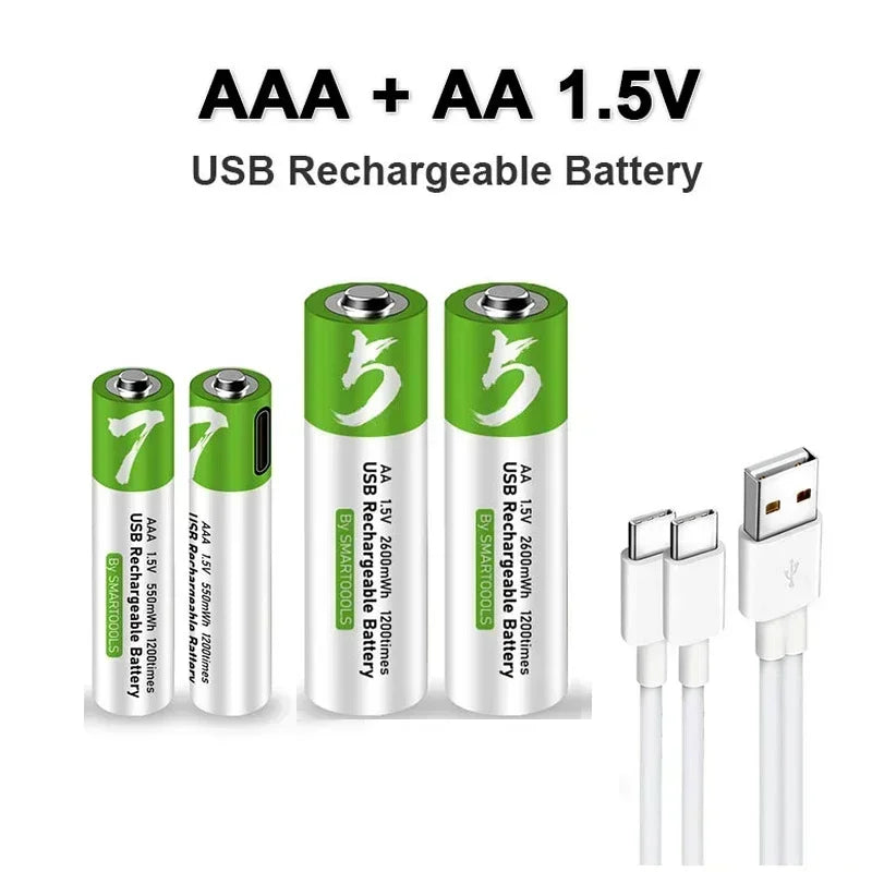 AA/AAA USB Rechargeable Battery 1.5V AA 2600mWh/AAA 750mWh li-ion Batteries for Mouse,Clock,Shaver,Hermometer+TYPE-C Cable