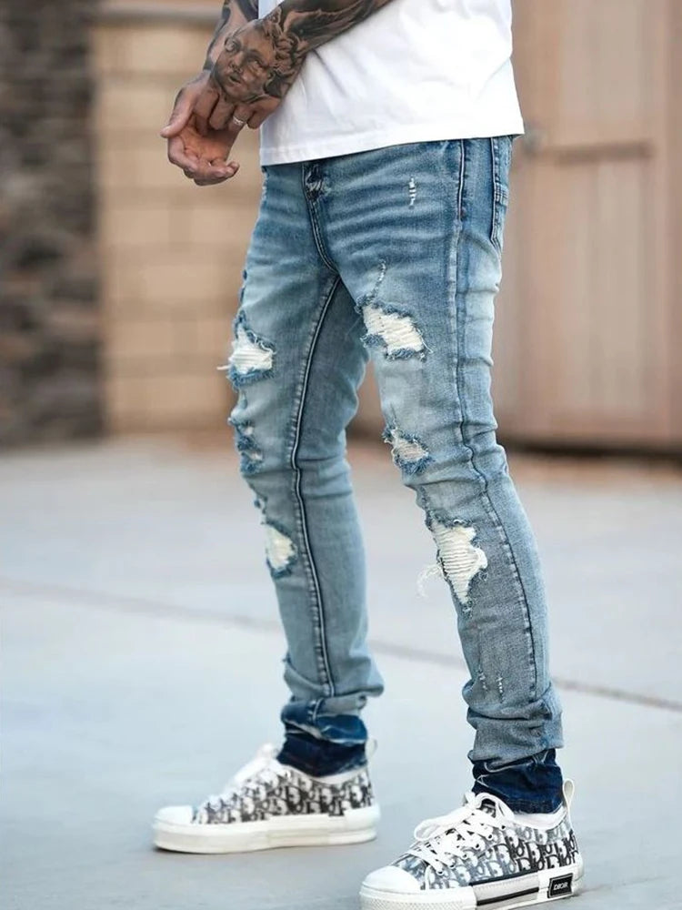 Fashion Street Style Ripped Skinny Jeans Men Vintage Wash Solid Denim Trouser Mens Casual Slim Fit Pencil Denim Pants Hot Sale