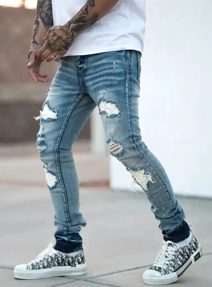 Fashion Street Style Ripped Skinny Jeans Men Vintage Wash Solid Denim Trouser Mens Casual Slim Fit Pencil Denim Pants Hot Sale
