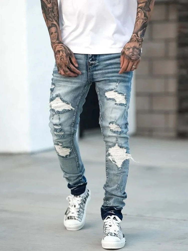 Fashion Street Style Ripped Skinny Jeans Men Vintage Wash Solid Denim Trouser Mens Casual Slim Fit Pencil Denim Pants Hot Sale