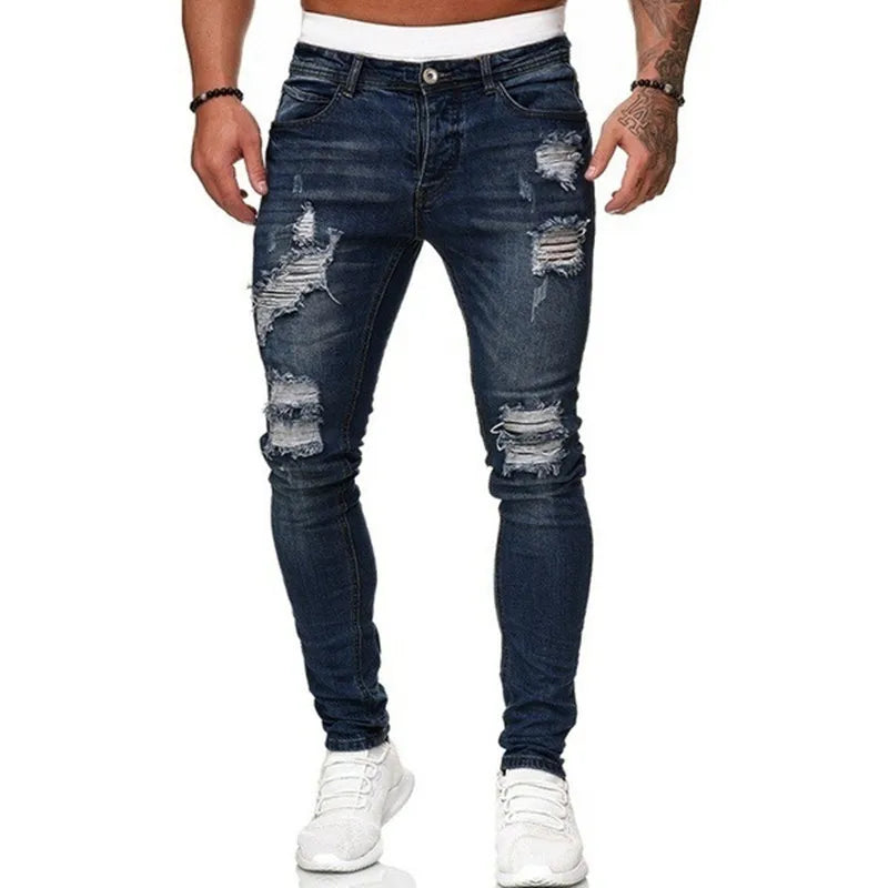 Fashion Street Style Ripped Skinny Jeans Men Vintage Wash Solid Denim Trouser Mens Casual Slim Fit Pencil Denim Pants Hot Sale