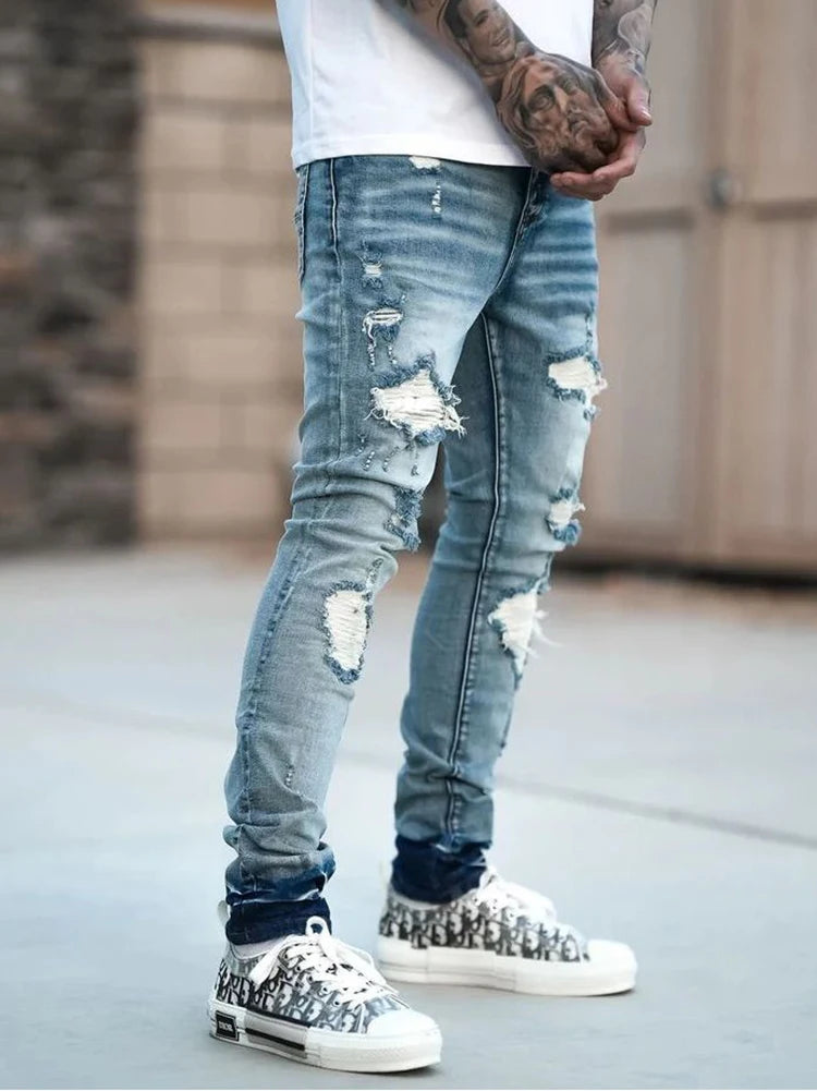 Fashion Street Style Ripped Skinny Jeans Men Vintage Wash Solid Denim Trouser Mens Casual Slim Fit Pencil Denim Pants Hot Sale