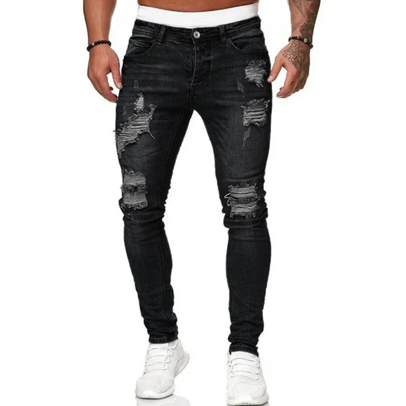 Fashion Street Style Ripped Skinny Jeans Men Vintage Wash Solid Denim Trouser Mens Casual Slim Fit Pencil Denim Pants Hot Sale