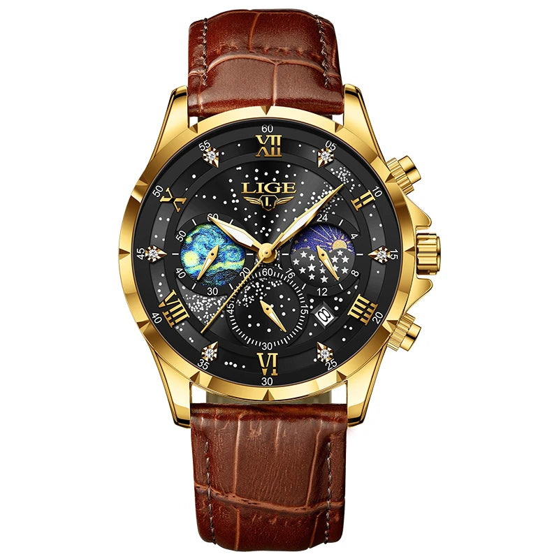 LIGE 2024 Top Luxury Brand Men Genuine Leather Sports Watches Men's Army Military Watch Male Date Quartz Clock Relogio Masculino