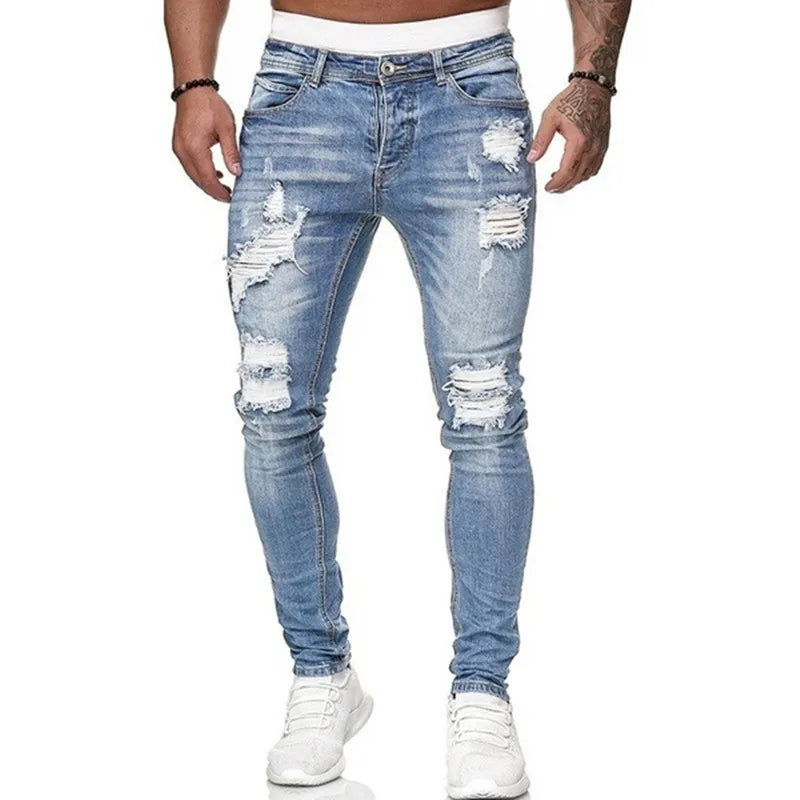 Fashion Street Style Ripped Skinny Jeans Men Vintage Wash Solid Denim Trouser Mens Casual Slim Fit Pencil Denim Pants Hot Sale