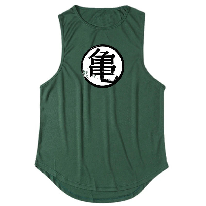 Japanese Anime Turtle Script Printed Mens Gym Clothing Fitness Vest Quick Dry Bodybuilding Tank Top Muscle Sleeveless Shirt