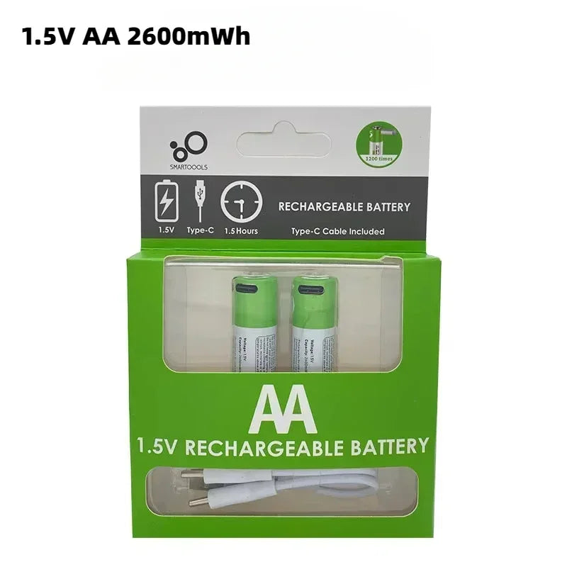 AA/AAA USB Rechargeable Battery 1.5V AA 2600mWh/AAA 750mWh li-ion Batteries for Mouse,Clock,Shaver,Hermometer+TYPE-C Cable