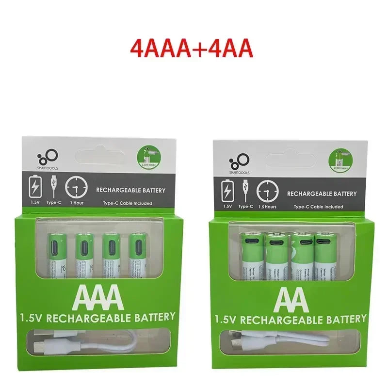 AA/AAA USB Rechargeable Battery 1.5V AA 2600mWh/AAA 750mWh li-ion Batteries for Mouse,Clock,Shaver,Hermometer+TYPE-C Cable