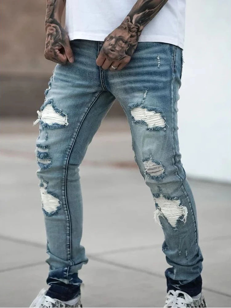 Fashion Street Style Ripped Skinny Jeans Men Vintage Wash Solid Denim Trouser Mens Casual Slim Fit Pencil Denim Pants Hot Sale