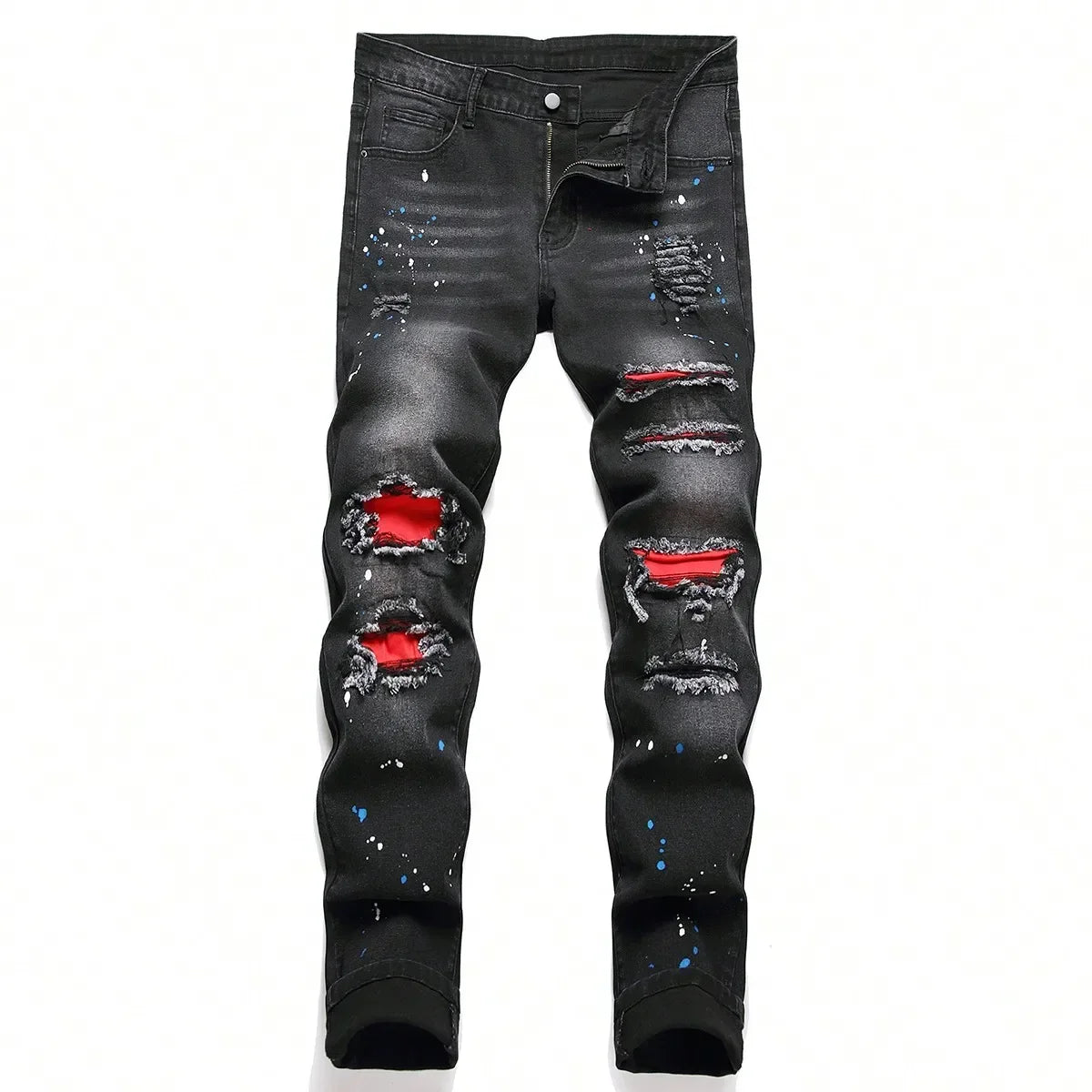 Men y2k Stretchy Skinny Denim Jeans For Men Casual pants Ripped Patchwork Hole Slim Fit Denim Hip Hop Black Straight Trousers MITIKO