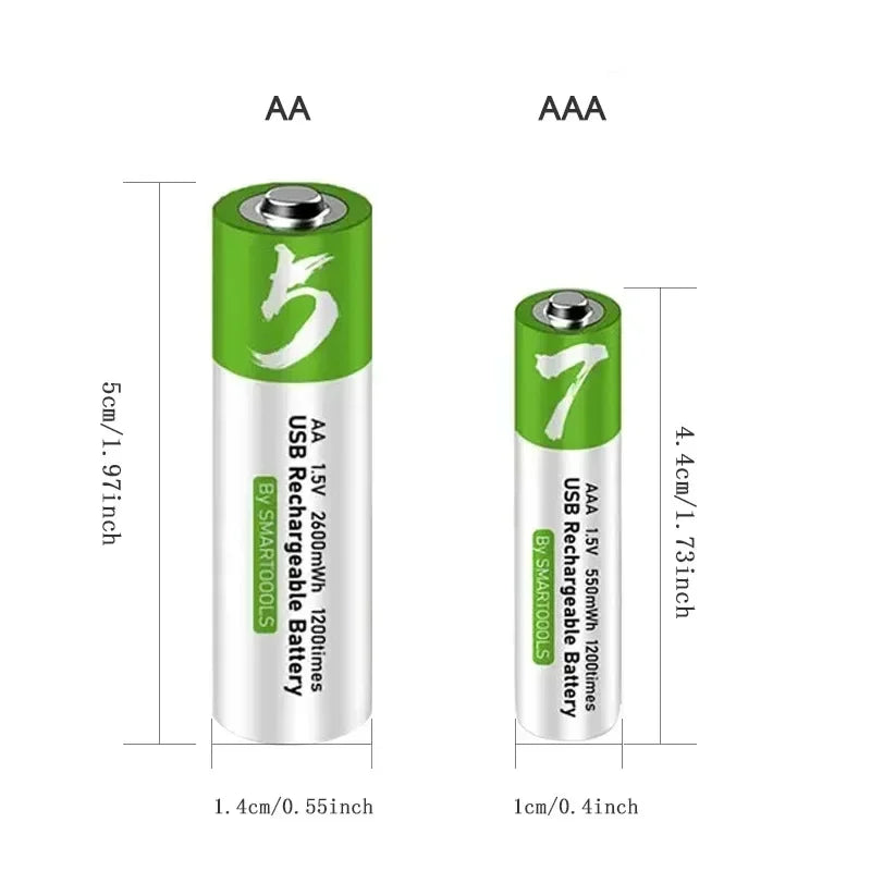 AA/AAA USB Rechargeable Battery 1.5V AA 2600mWh/AAA 750mWh li-ion Batteries for Mouse,Clock,Shaver,Hermometer+TYPE-C Cable