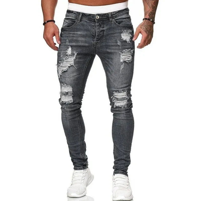Fashion Street Style Ripped Skinny Jeans Men Vintage Wash Solid Denim Trouser Mens Casual Slim Fit Pencil Denim Pants Hot Sale